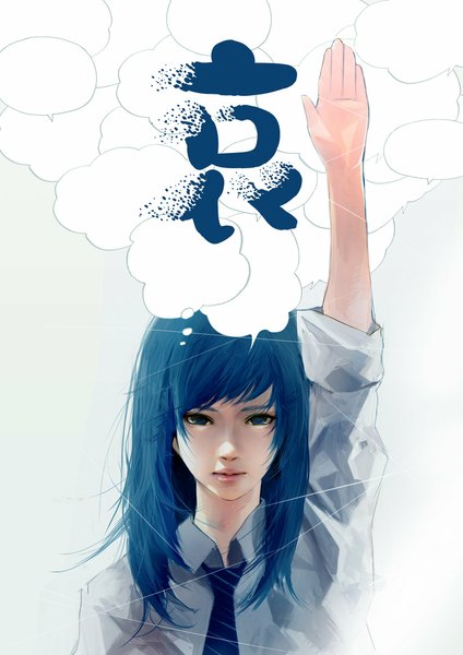 Anime picture 800x1132 with original wataboku single long hair tall image fringe blue eyes simple background blue hair parted lips arm up lips grey background outstretched arm hieroglyph twisty sleeves girl shirt necktie white shirt