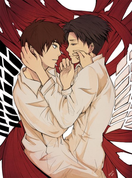 Anime picture 900x1212 with shingeki no kyojin production i.g eren yaeger levi (rivaille) hikariix tall image fringe brown hair green eyes signed profile inscription multiple boys shounen ai boy shirt 2 boys coat of arms