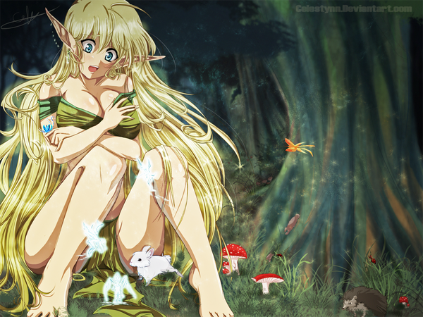 Anime picture 1152x864 with celestynn (artist) single breasts open mouth blue eyes light erotic blonde hair large breasts sitting very long hair pointy ears legs elf girl tree (trees) forest mushroom (mushrooms)