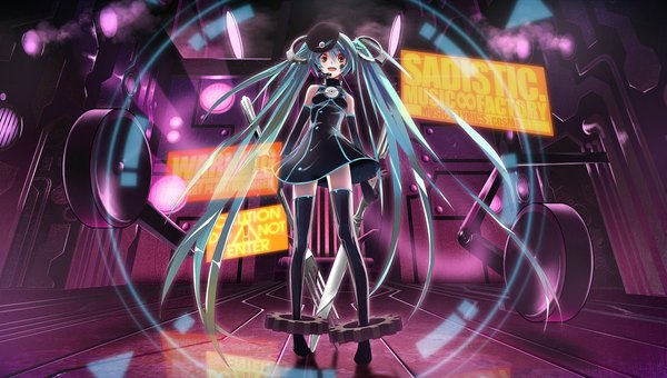 Anime picture 2291x1300 with vocaloid hatsune miku yonasawa (artist) single long hair looking at viewer highres open mouth red eyes wide image twintails bare shoulders blue hair facial mark alternate hairstyle girl thighhighs dress gloves hair ornament