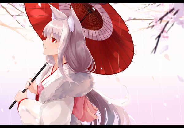 Anime picture 1500x1049 with original takehana note single long hair blush fringe red eyes holding animal ears looking away silver hair upper body blunt bangs long sleeves very long hair traditional clothes japanese clothes profile light smile wide sleeves