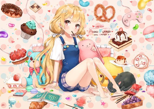Anime picture 1500x1060 with idolmaster idolmaster cinderella girls futaba anzu dangmill long hair looking at viewer blush fringe blonde hair red eyes twintails payot bent knee (knees) barefoot bare legs no shoes low twintails girl hair ornament food
