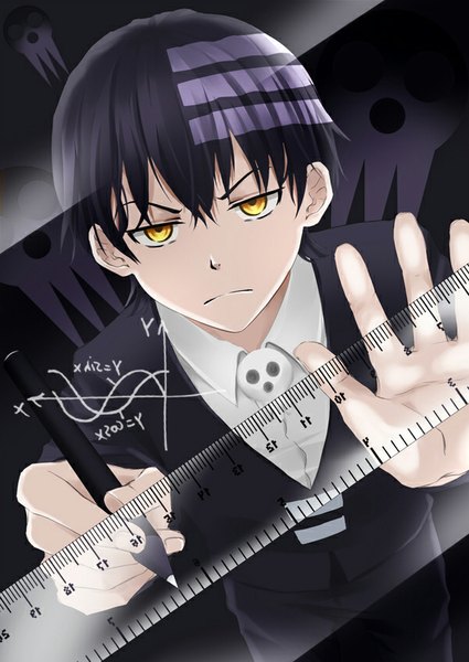 Anime picture 600x846 with soul eater studio bones death the kid carr single tall image looking at viewer fringe short hair black hair standing yellow eyes white hair multicolored hair fingernails from above streaked hair looking up eyebrows boy