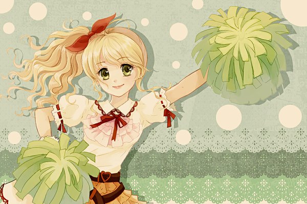 Anime picture 1063x709 with original dorris single long hair looking at viewer blonde hair smile green eyes ponytail wavy hair cheerleader girl ribbon (ribbons) hair ribbon