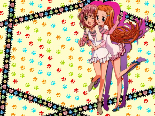 Anime picture 1024x768 with shugo chara! hinamori amu sakurai yua long hair blush blue eyes simple background smile brown hair brown eyes yellow eyes pink hair one eye closed wink orange hair hug striped silhouette paw print girl