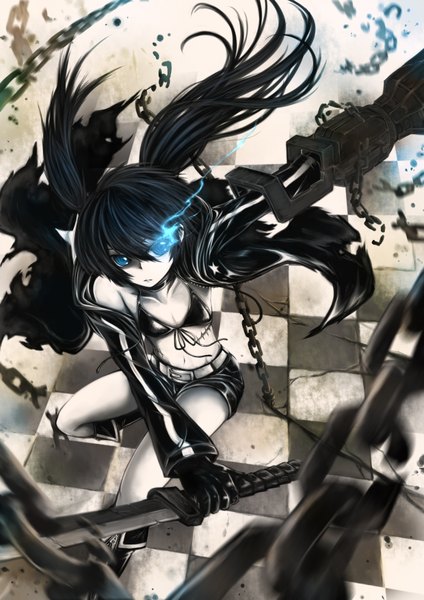 Anime picture 2480x3507 with black rock shooter black rock shooter (character) ks long hair tall image highres blue eyes black hair twintails looking away glowing glowing eye (eyes) checkered floor girl gloves weapon sword shorts chain bikini top