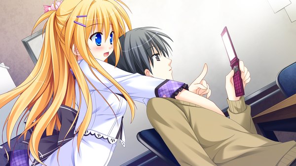 Anime picture 1280x720 with diamic days lump of sugar hatsushiba kisa sesena yau long hair blush short hair open mouth blue eyes black hair blonde hair wide image game cg black eyes couple girl boy serafuku