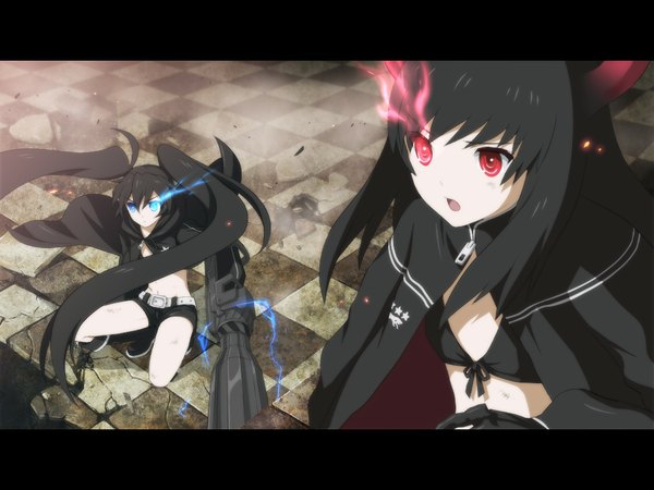 Anime picture 1024x768 with black rock shooter black rock shooter (character) black gold saw haku (laterna magica) long hair blue eyes black hair red eyes twintails multiple girls very long hair horn (horns) midriff glowing flat chest scar glowing eye (eyes) pale skin arm cannon girl