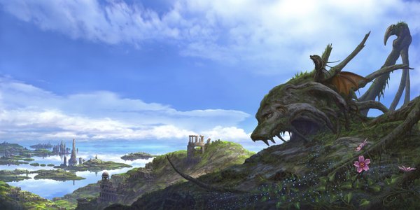 Anime picture 2000x1000 with original ucchiey highres wide image sky cloud (clouds) city fantasy ruins overgrown flower (flowers) plant (plants) water grass dragon tower