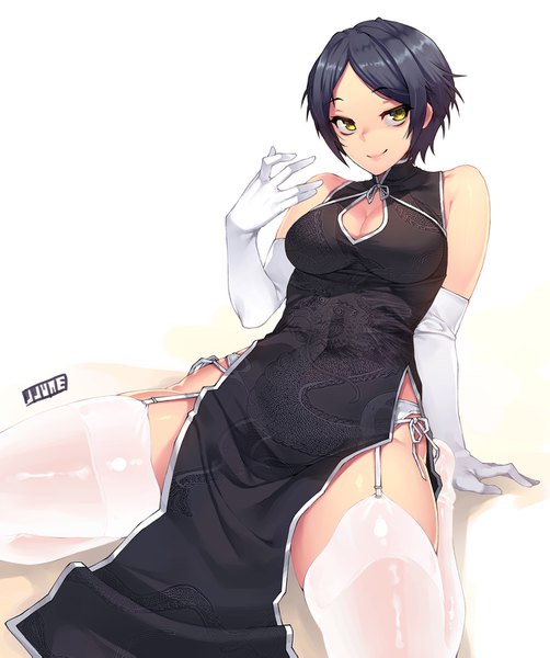 Anime picture 1280x1531 with idolmaster idolmaster cinderella girls hayami kanade jjune single tall image looking at viewer short hair breasts light erotic black hair smile white background sitting bare shoulders yellow eyes traditional clothes arm support spread legs no shoes