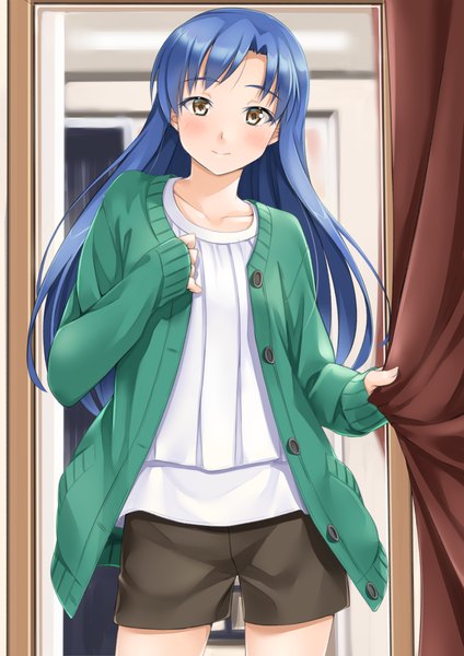 Anime picture 827x1169 with idolmaster kisaragi chihaya miri (ago550421) single long hair tall image looking at viewer blush yellow eyes blue hair light smile girl shorts