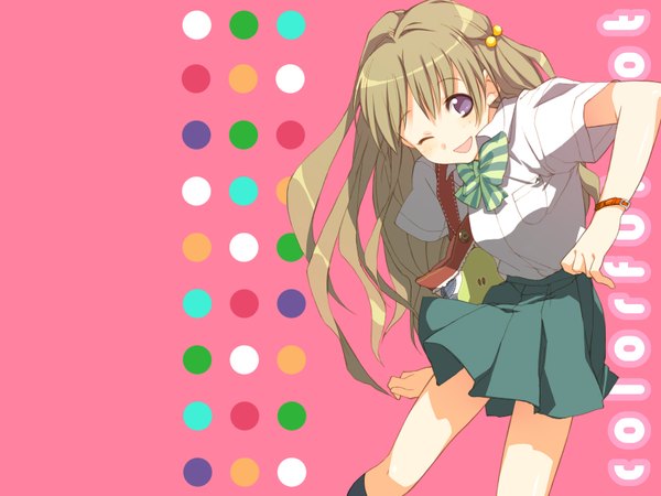 Anime picture 1600x1200 with original colorful dot fujisawa machi single long hair looking at viewer blush open mouth blonde hair purple eyes one eye closed wink inscription wallpaper pink background girl uniform hair ornament school uniform bag