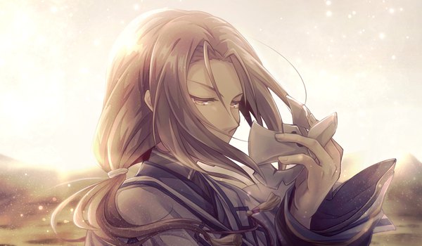 Anime picture 1844x1076 with utawareru mono utawareru mono: itsuwari no kamen white fox haku (utawarerumono) natsuki yuka single long hair highres wide image holding silver hair upper body outdoors long sleeves wide sleeves floating hair low ponytail boy mask