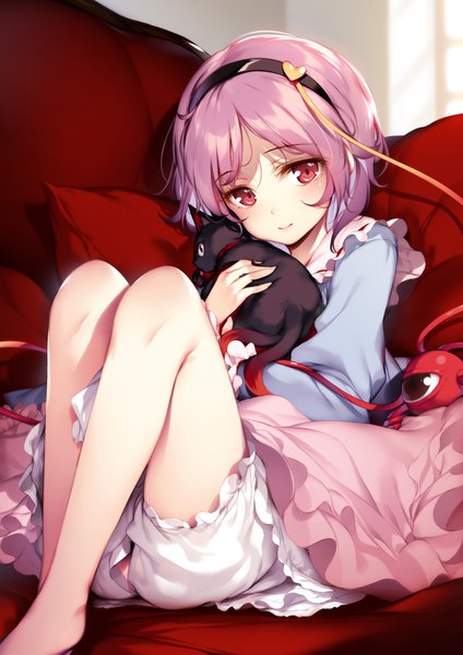 Anime picture 724x1024 with touhou komeiji satori kaenbyou rin kaenbyou rin (cat) ke-ta single tall image looking at viewer blush short hair light erotic red eyes pink hair bent knee (knees) long sleeves head tilt barefoot light smile bare legs hug