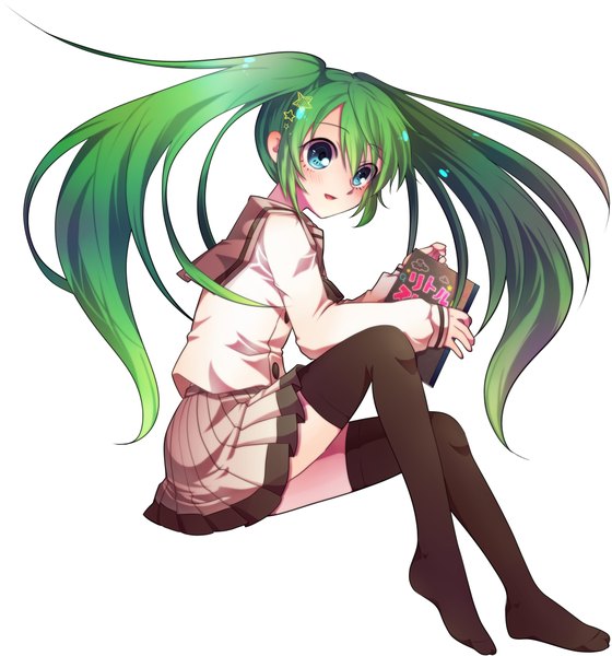 Anime picture 2012x2153 with vocaloid hatsune miku magu (artist) long hair tall image highres blue eyes simple background white background twintails green hair girl thighhighs hair ornament black thighhighs serafuku hairclip star (symbol)