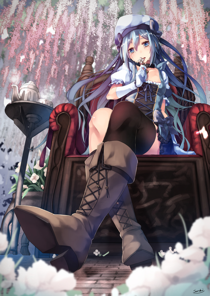 Anime picture 1204x1700 with original lee-chan (saraki) saraki single tall image looking at viewer blush fringe open mouth blue eyes hair between eyes sitting holding signed blue hair cleavage bent knee (knees) very long hair head tilt arm support