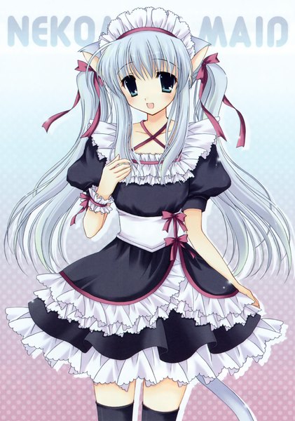 Anime picture 1405x2000 with hasekura chiaki single long hair tall image blush open mouth smile twintails animal ears ahoge tail :d animal tail aqua eyes grey hair cat ears maid cat girl cat tail text