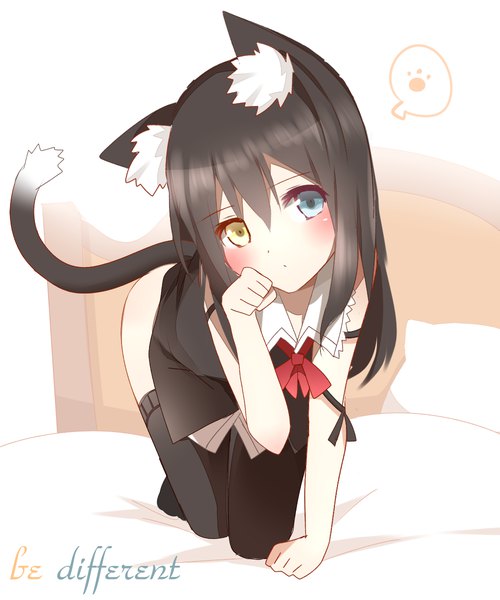 Anime picture 1000x1200 with original non (wednesday-classic) single long hair tall image blush fringe blue eyes light erotic black hair hair between eyes animal ears yellow eyes full body ass tail animal tail cat ears arm support :o