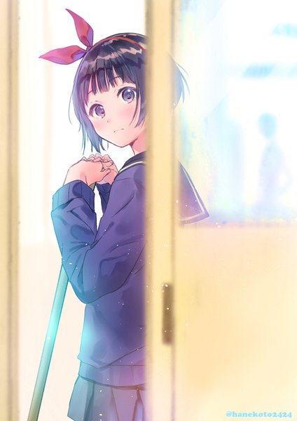 Anime picture 590x833 with kiki's delivery service studio ghibli kiki hanekoto single tall image looking at viewer blush fringe short hair black hair holding signed blunt bangs long sleeves pleated skirt blurry depth of field alternate costume twitter username