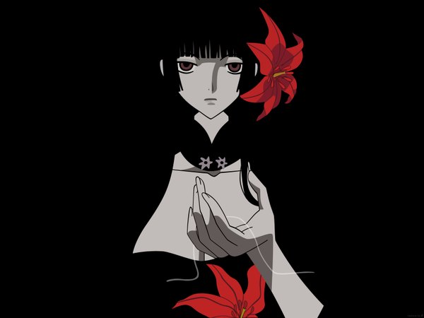 Anime picture 1600x1200 with xxxholic clamp ichihara yuuko single fringe highres black hair blunt bangs black background hime cut blending girl flower (flowers)