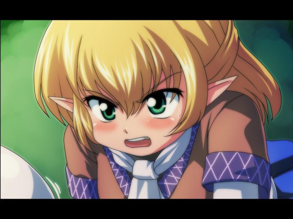 Anime picture 1200x900 with touhou mizuhashi parsee tdk single blush fringe short hair open mouth blonde hair hair between eyes green eyes payot looking away pointy ears short sleeves angry frown girl
