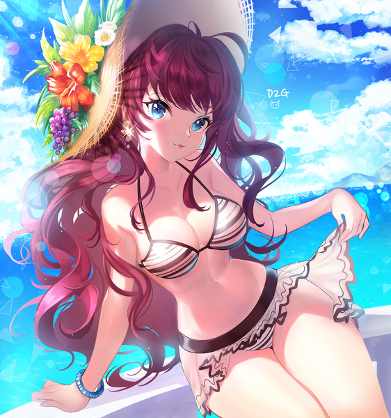 Anime picture 1673x1786 with idolmaster idolmaster cinderella girls ichinose shiki ttaji (pass35) single long hair tall image looking at viewer blush breasts blue eyes light erotic smile brown hair signed sky cleavage cloud (clouds) ahoge outdoors