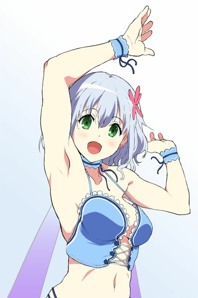 Anime picture 665x1000 with amagi brilliant park kyoto animation muse (amaburi) yoshiki360 single tall image looking at viewer blush short hair open mouth simple background green eyes purple hair armpit (armpits) sleeveless gradient background girl hair ornament earrings