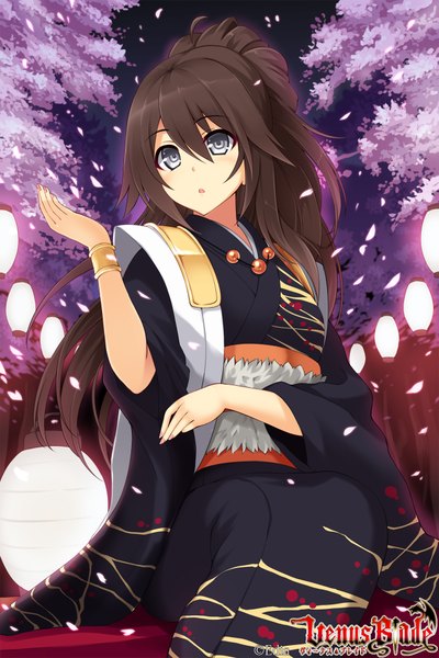 Anime picture 1280x1920 with venus blade hisenkaede single long hair tall image fringe black hair sitting signed ponytail traditional clothes parted lips japanese clothes night grey eyes light girl plant (plants) petals tree (trees)