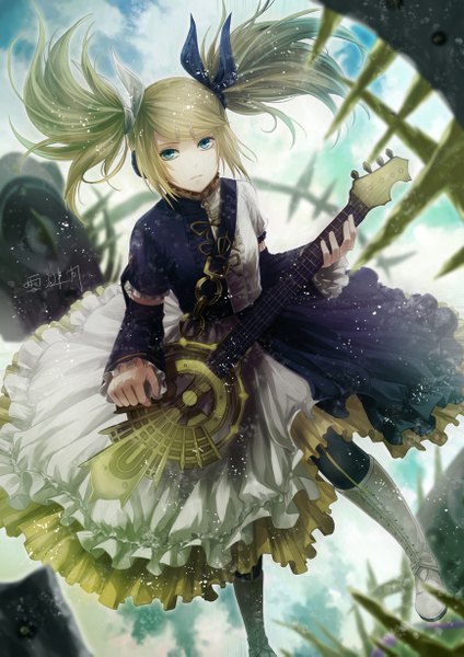 Anime picture 868x1227 with vocaloid meltdown (vocaloid) kagamine rin kagamine rin (meltdown) angel31424 single long hair tall image looking at viewer fringe blue eyes twintails holding signed wide sleeves glow girl dress hair ornament plant (plants)