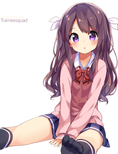 Anime picture 1000x1304 with original chikuwa. traineesquad single long hair tall image looking at viewer blush fringe open mouth brown hair sitting purple eyes signed long sleeves pleated skirt :o transparent background between legs girl