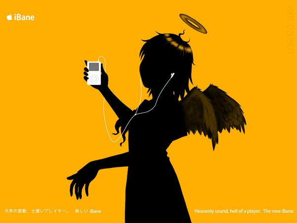 Anime picture 1600x1200 with haibane renmei ipod rakka (haibane) yellow background silhouette parody girl