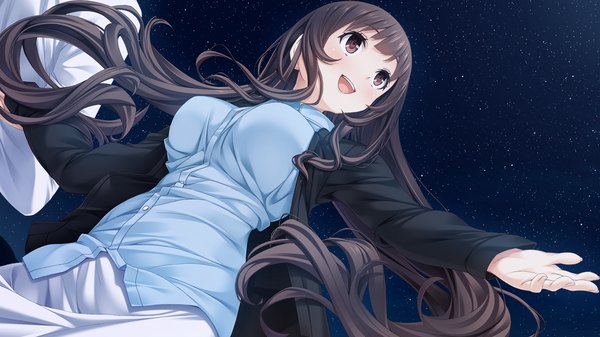 Anime picture 1280x720 with kiss ato hoshimi tsukuyo mikoto akemi single long hair blush open mouth black hair wide image brown eyes game cg night open clothes open jacket spread arms girl dress jacket