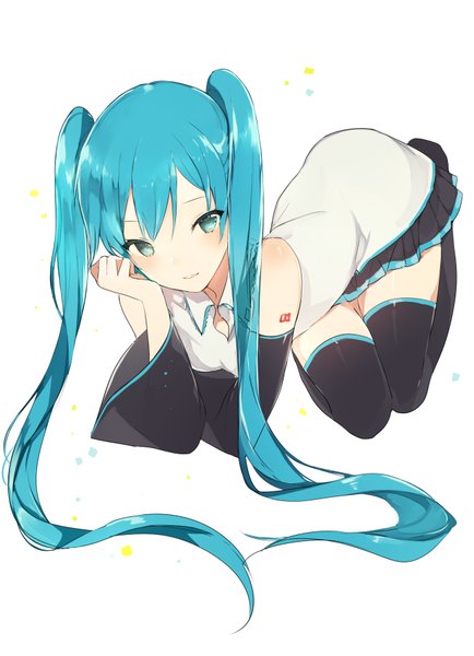 Anime picture 650x897 with vocaloid hatsune miku lpip single long hair tall image looking at viewer blush fringe open mouth blue eyes simple background white background twintails bare shoulders full body bent knee (knees) head tilt :d pleated skirt