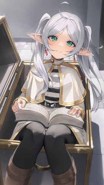 Anime picture 1856x3306 with sousou no frieren frieren kerno single long hair tall image looking at viewer highres smile twintails green eyes silver hair ahoge pointy ears elf in container girl earrings pantyhose black pantyhose