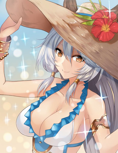 Anime picture 888x1150 with granblue fantasy heles heles (summer) (granblue fantasy) asato (fadeless) single long hair tall image looking at viewer fringe breasts light erotic smile hair between eyes large breasts brown eyes animal ears silver hair upper body from above sparkle