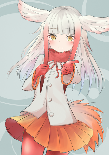 Anime picture 2508x3541 with kemono friends crested ibis (kemono friends) odeclea single long hair tall image looking at viewer blush fringe highres smile yellow eyes payot red hair tail blunt bangs pleated skirt multicolored hair grey hair grey background