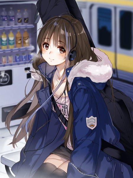 Anime picture 1500x2000 with original hoshii hisa single long hair tall image looking at viewer blush fringe smile brown hair sitting brown eyes outdoors open jacket depth of field zettai ryouiki fur trim exhalation clothes writing unzipped