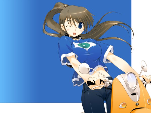 Anime picture 1600x1200 with colorful dot amaduyu tatsuki single long hair looking at viewer blush open mouth blue eyes brown hair ponytail one eye closed wink midriff blue background girl ground vehicle moped