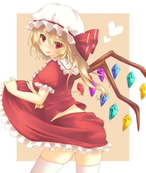 Anime picture 1220x1442 with touhou flandre scarlet miko (royal milk) single long hair tall image blonde hair smile red eyes looking back skirt lift girl thighhighs skirt white thighhighs wings bonnet skirt set