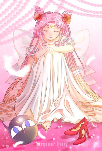 Anime picture 827x1224 with bishoujo senshi sailor moon toei animation chibiusa princess usagi small lady luna p koya single long hair tall image sitting twintails pink hair full body eyes closed barefoot hair bun (hair buns) high heels gradient hair pink background hand on knee