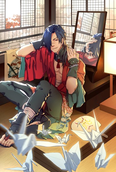 Anime picture 1181x1748 with dramatical murder nitro+chiral koujaku shipi single long hair tall image looking at viewer fringe smile red eyes sitting blue hair hair over one eye reflection scar arms behind head hand on shoulder boy animal
