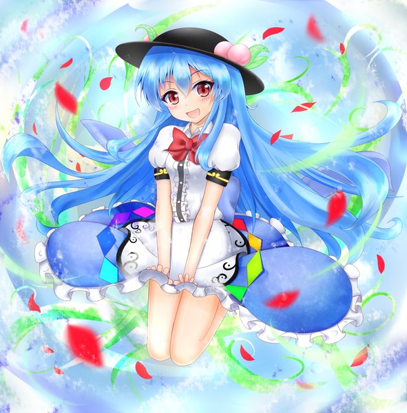 Anime picture 2000x2033 with touhou hinanawi tenshi ymd (holudoun) single long hair tall image looking at viewer blush highres open mouth red eyes blue hair girl dress hat petals bowtie