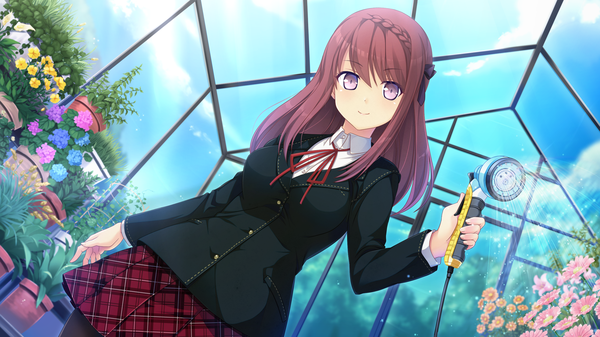 Anime picture 2560x1440 with kanojo step kano shiina single long hair looking at viewer highres smile brown hair wide image purple eyes game cg girl uniform flower (flowers) school uniform