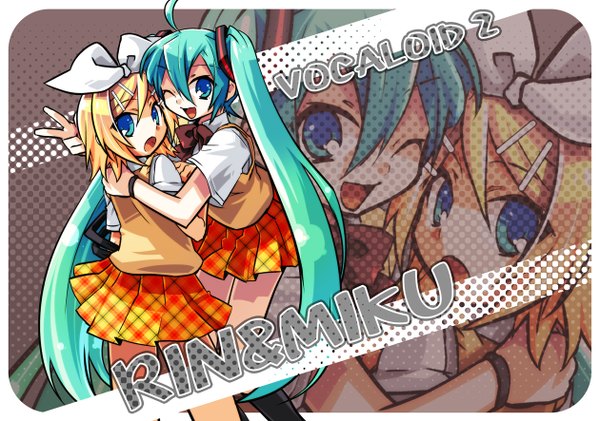 Anime picture 1260x886 with vocaloid hatsune miku kagamine rin negi (ulog'be) short hair open mouth blonde hair smile twintails multiple girls ahoge very long hair pleated skirt one eye closed aqua eyes wink aqua hair hug text victory
