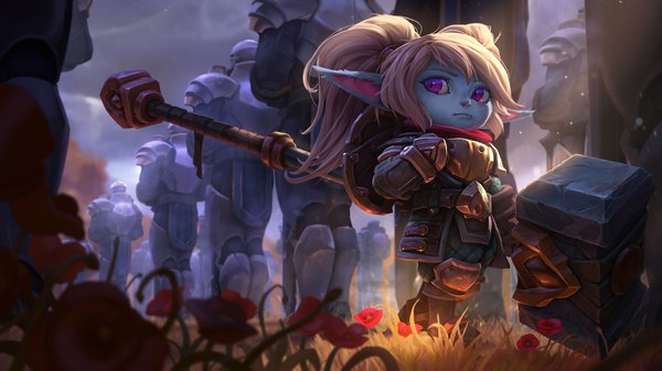 Anime picture 2000x1125 with league of legends poppy (league of legends) joshua brian smith long hair looking at viewer highres wide image standing purple eyes twintails holding payot full body pointy ears sunlight fang (fangs) depth of field wallpaper solo focus slit pupils