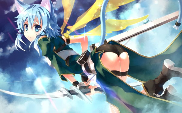 Anime picture 1920x1200 with sword art online a-1 pictures asada shino yuuki tatsuya single long hair looking at viewer highres blue eyes light erotic animal ears sky cloud (clouds) ass tail animal tail cat ears aqua hair cat tail wallpaper