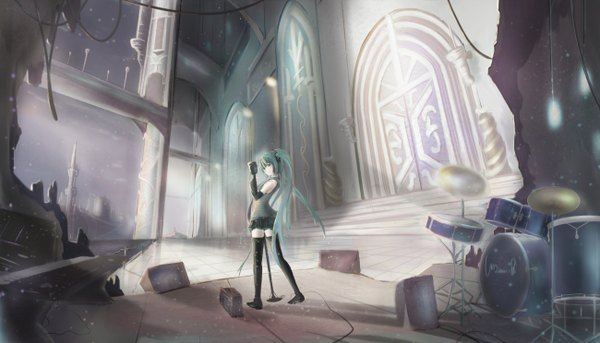 Anime picture 1300x744 with vocaloid hatsune miku myue (snowmoonlight) single wide image twintails very long hair looking back aqua eyes aqua hair zettai ryouiki girl thighhighs black thighhighs detached sleeves miniskirt microphone stand drum set