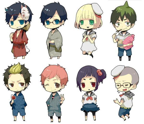 Anime picture 1200x1038 with ao no exorcist a-1 pictures okumura rin okumura yukio moriyama shiemi shima renzou kamiki izumo suguro ryuuji miwa konekomaru amaimon long hair short hair blue eyes black hair simple background blonde hair smile red eyes brown hair white background