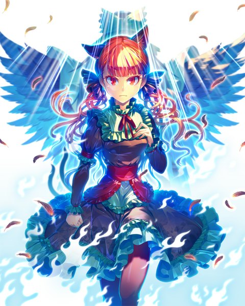 Anime picture 800x1000 with touhou reiuji utsuho kaenbyou rin zounose long hair tall image looking at viewer black hair red eyes twintails multiple girls animal ears tail animal tail cat ears cat girl cat tail multiple tails extra ears back to back