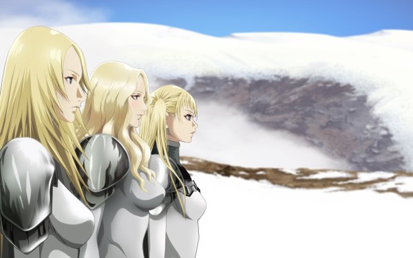 Anime picture 2560x1600 with claymore madhouse teresa miria dietrich (claymore) long hair highres blue eyes blonde hair wide image multiple girls profile snow mountain girl armor 3 girls